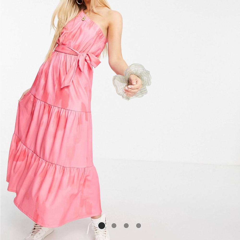 Asos one shoulder belted midi dress in pink abstract print NWT SIZE 12
